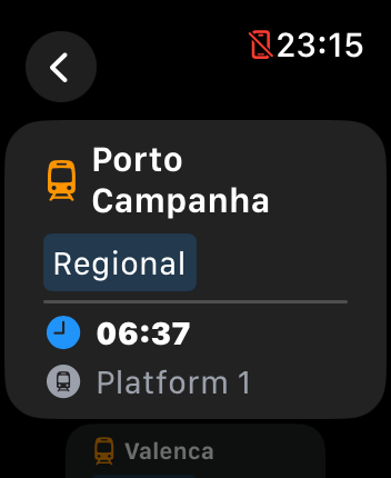 Apple Watch showing Próximo Comboio
